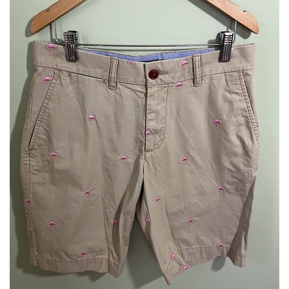 Tommy Hilfiger Women's Bermuda Shorts Tan Pink Embroidered Flamingos Size 29 - Picture 1 of 5